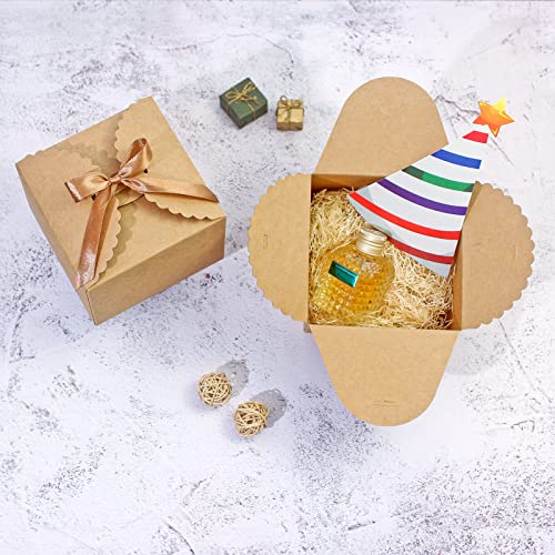 Brown Gift Box for Presents, 10 Pack Small Empty Kraft Gift Boxes with Ribbon For Packaging Candy, Cookie, Chocolate, Craft, Candle, and Other Small Gifts, 4.75” x 4.75” x 3.53” Cute Paper Boxes