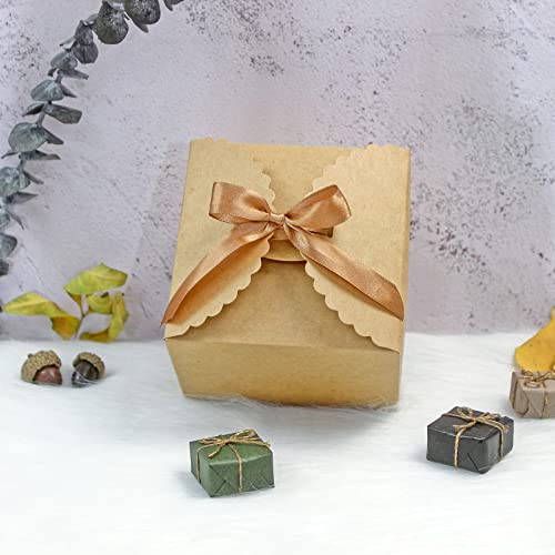 Brown Gift Box for Presents, 10 Pack Small Empty Kraft Gift Boxes with Ribbon For Packaging Candy, Cookie, Chocolate, Craft, Candle, and Other Small Gifts, 4.75” x 4.75” x 3.53” Cute Paper Boxes