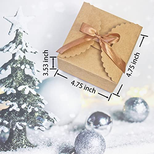 Brown Gift Box for Presents, 10 Pack Small Empty Kraft Gift Boxes with Ribbon For Packaging Candy, Cookie, Chocolate, Craft, Candle, and Other Small Gifts, 4.75” x 4.75” x 3.53” Cute Paper Boxes