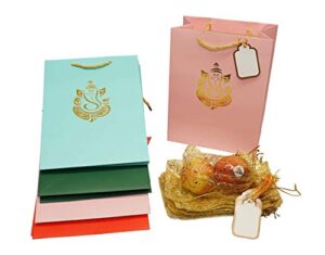 16 indian medium size (8’ w x 10.5’ h x 4.5’ d) multi color ganesh gift bags, puja return gift bags