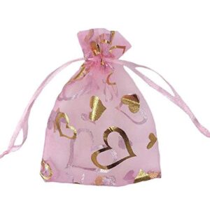 SumDirect 100Pcs 3.5x4.7 inch Sheer Pink Drawstring Heart Organza Favor Gift Bags Wedding Party Christmas Jewelry Pouches