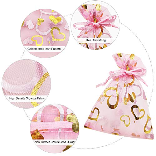 SumDirect 100Pcs 3.5x4.7 inch Sheer Pink Drawstring Heart Organza Favor Gift Bags Wedding Party Christmas Jewelry Pouches