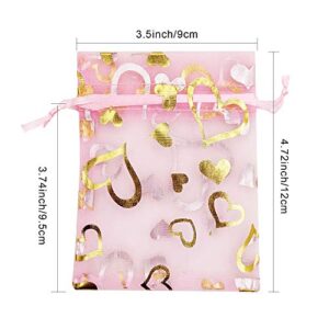 SumDirect 100Pcs 3.5x4.7 inch Sheer Pink Drawstring Heart Organza Favor Gift Bags Wedding Party Christmas Jewelry Pouches