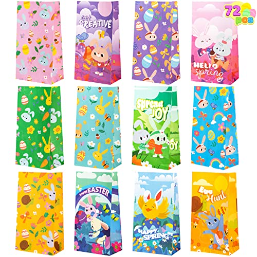 JOYIN 72 Pcs Easter Goodie Paper Bags, Flat Bottom Candy Bags for Kids Eggs Hunt, Easter Party Supplies Treat Bags