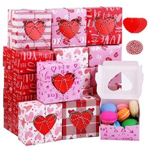 fovths 36 pack valentines day cookie boxes with window cupcake bakery boxes 4.5 x 4.5 x 2.5 inch hearts goody candy container box with tags and rope for cupcakes, doughnuts, gifts giving