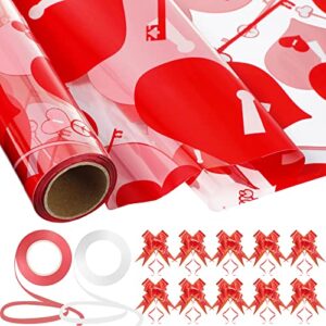 valentine’s day heart cellophane wrap rolls 32 in x 100 ft transparent treat gift basket wrapping cellophane paper clear plastic roll with red pull bows ribbons for valentine birthday holiday flowers