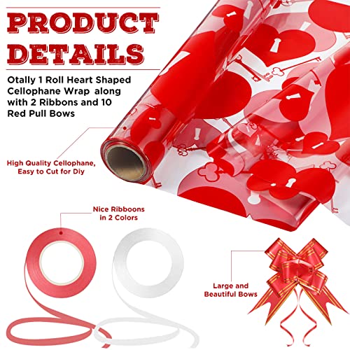 Valentine's Day Heart Cellophane Wrap Rolls 32 in x 100 ft Transparent Treat Gift Basket Wrapping Cellophane Paper Clear Plastic Roll with Red Pull Bows Ribbons for Valentine Birthday Holiday Flowers