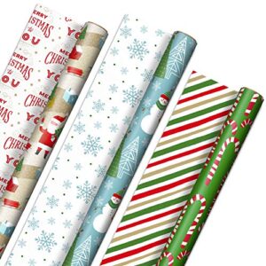 hallmark reversible christmas wrapping paper (3 rolls: 120 sq. ft. ttl) rustic santa, papercraft snowmen, candy canes, stripes, snowflakes, “merry christmas to you”