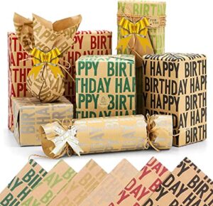 vetuza extra large 40 x 28 inches folded flat happy birthday kraft wrapping paper set of 6 (extra large sheets: 47 sq. ft. ttl.) for men boys women adults kids girls