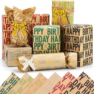 VETUZA Extra Large 40 x 28 Inches Folded Flat Happy Birthday Kraft Wrapping Paper Set of 6 (Extra Large Sheets: 47 sq. ft. ttl.) for Men Boys Women Adults Kids Girls