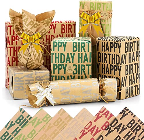 VETUZA Extra Large 40 x 28 Inches Folded Flat Happy Birthday Kraft Wrapping Paper Set of 6 (Extra Large Sheets: 47 sq. ft. ttl.) for Men Boys Women Adults Kids Girls