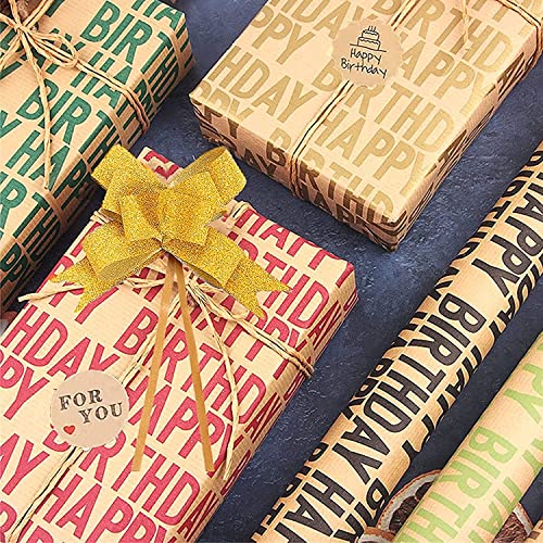 VETUZA Extra Large 40 x 28 Inches Folded Flat Happy Birthday Kraft Wrapping Paper Set of 6 (Extra Large Sheets: 47 sq. ft. ttl.) for Men Boys Women Adults Kids Girls