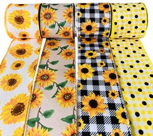 4 rolls wired edge ribbons 26 yards summer wired ribbon dot fabric ribbon vertical stripe craft ribbon decorative ribbon diy for wrapping, party decoration, hair bows, crafting and sewing (sunflower)