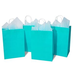 djinnglory 24 pack medium size teal blue paper gift bags with handles and blue tissue paper for birthday wedding baby shower party favors (7”x10”x4”, teal)