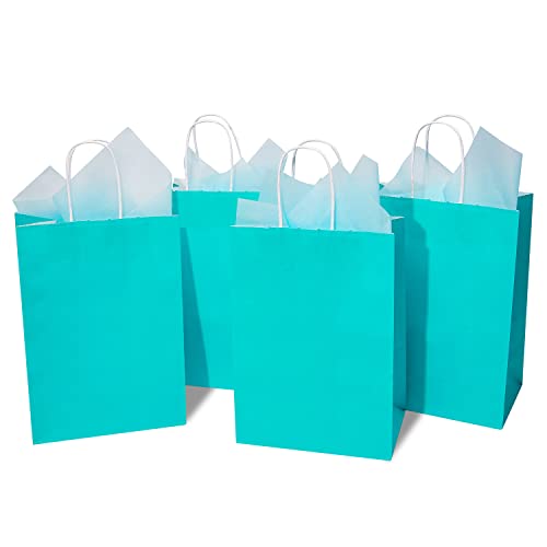 DjinnGlory 24 Pack Medium Size Teal Blue Paper Gift Bags with Handles and Blue Tissue Paper for Birthday Wedding Baby Shower Party Favors (7''x10''x4'', Teal)