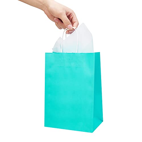 DjinnGlory 24 Pack Medium Size Teal Blue Paper Gift Bags with Handles and Blue Tissue Paper for Birthday Wedding Baby Shower Party Favors (7''x10''x4'', Teal)