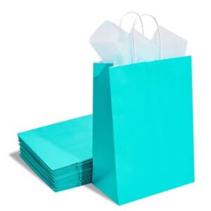 DjinnGlory 24 Pack Medium Size Teal Blue Paper Gift Bags with Handles and Blue Tissue Paper for Birthday Wedding Baby Shower Party Favors (7''x10''x4'', Teal)