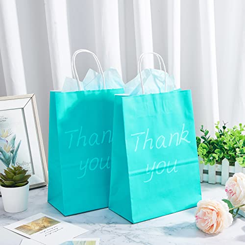 DjinnGlory 24 Pack Medium Size Teal Blue Paper Gift Bags with Handles and Blue Tissue Paper for Birthday Wedding Baby Shower Party Favors (7''x10''x4'', Teal)