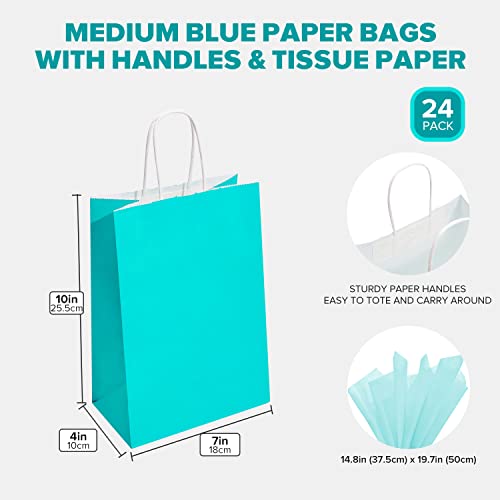 DjinnGlory 24 Pack Medium Size Teal Blue Paper Gift Bags with Handles and Blue Tissue Paper for Birthday Wedding Baby Shower Party Favors (7''x10''x4'', Teal)