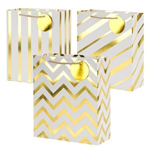 swedin 12 pcs gold gift bags bulk, medium size gift bags with handles, trendy gift wrap totes with chevron, stripe pattern for birthdays, party favors, holidays, christmas-10″ x 8.3″ x 4″