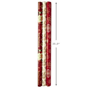 Hallmark Reversible Christmas Wrapping Paper Set with Ribbon and Gift Tag Stickers (Traditional Red and Gold, 3 Rolls of Wrapping Paper and Ribbon)