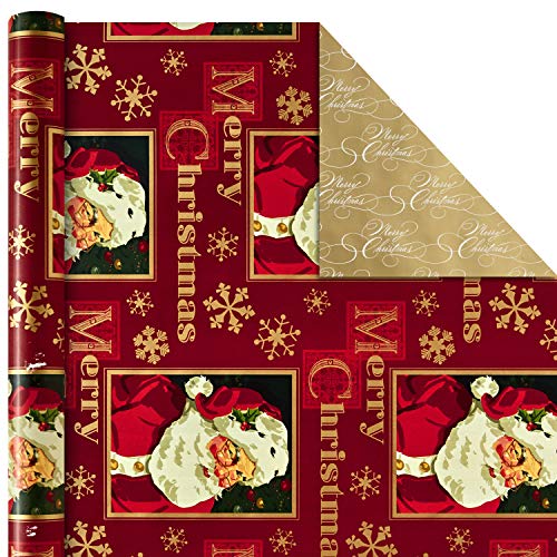 Hallmark Reversible Christmas Wrapping Paper Set with Ribbon and Gift Tag Stickers (Traditional Red and Gold, 3 Rolls of Wrapping Paper and Ribbon)