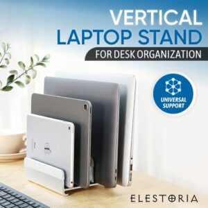 Elestoria Multiple Laptop Holder Vertical – Adjustable Laptop Vertical Stand Holds 5 Devices, Fits All MacBooks Laptops Tablets and Mobiles (up to 17.3”). Closed Upright Vertical Laptop Stand for Desk