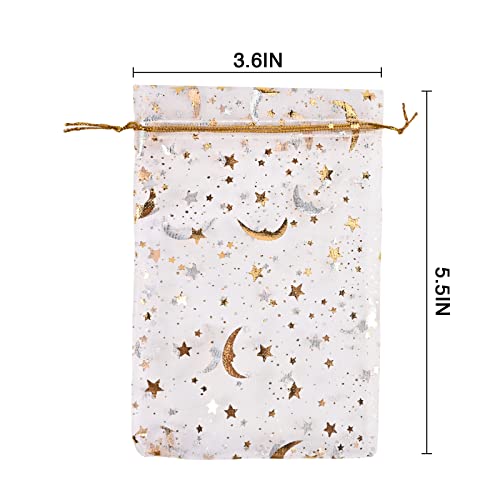 FUSHENMU 100pcs 4x6 Inch White Organza Jewelry Gift Bag,Moon Star Drawstring Candy Bag Pouch for Wedding Baby Shower Party Gift Wrapping Supply