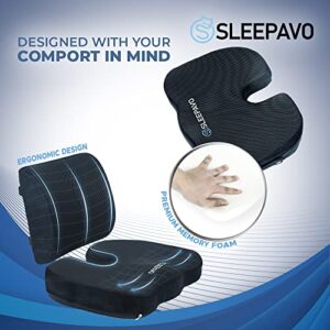 Sleepavo Memory Foam Seat Cushion for Office Chair - Orthopedic Back & Butt Pillow for Sciatica Tailbone Coccyx Hip Pain Relief for Sitting, Gaming, Desk, Car & Airplane - Padded Lumbar Support Pillow