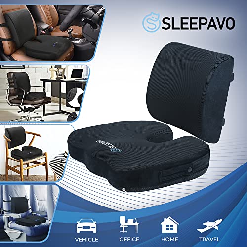 Sleepavo Memory Foam Seat Cushion for Office Chair - Orthopedic Back & Butt Pillow for Sciatica Tailbone Coccyx Hip Pain Relief for Sitting, Gaming, Desk, Car & Airplane - Padded Lumbar Support Pillow