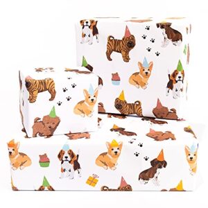 central 23 – white wrapping paper – dogs in hats – 6 sheets of birthday gift wrap – celebration – for men women kids – recyclable