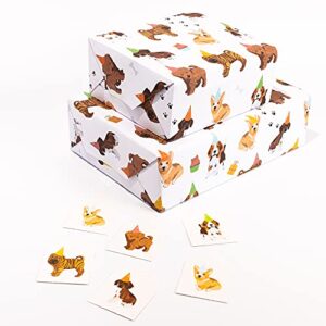 CENTRAL 23 - White Wrapping Paper - Dogs in Hats - 6 Sheets of Birthday Gift Wrap - Celebration - For Men Women Kids - Recyclable