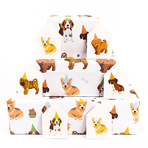 CENTRAL 23 - White Wrapping Paper - Dogs in Hats - 6 Sheets of Birthday Gift Wrap - Celebration - For Men Women Kids - Recyclable