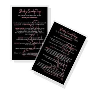 body sculpting pre and post treatment information cards | 30 pack | 4×6” inch large postcard size | black with rose gold silhouette design