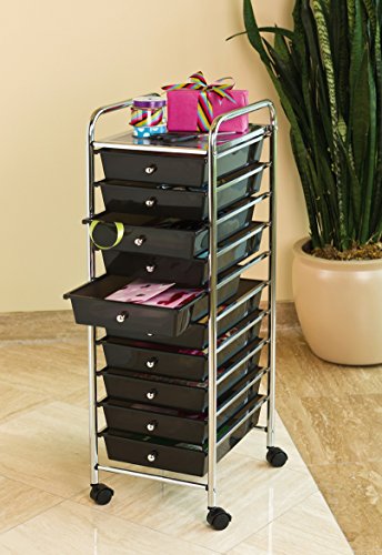 Seville Classics Rolling Utility Organizer Storage Cart for Home Office, School, Classroom, Scrapbook, Hobby, Craft, 10 Drawer, Black