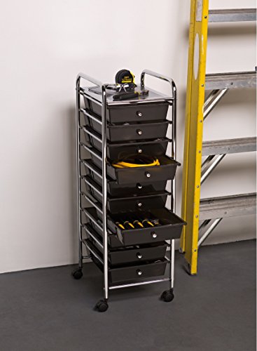 Seville Classics Rolling Utility Organizer Storage Cart for Home Office, School, Classroom, Scrapbook, Hobby, Craft, 10 Drawer, Black