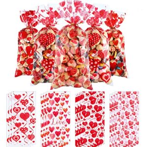 100 Pieces Valentines Party Treat Bags Mixed Heart Print Pattern Cellophane Plastic Goodie Candy Gift Favor Bags with 200 Pieces Gold and Red Twist Ties for Valentine's Day Party Decorations