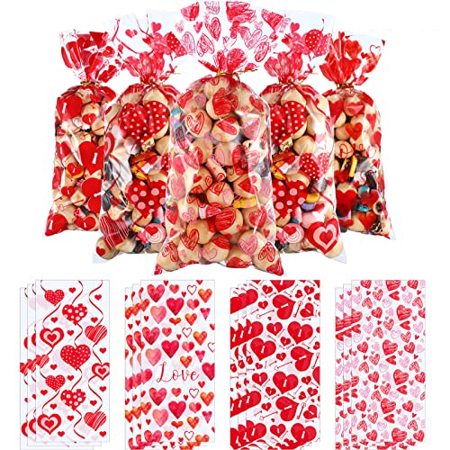 100 Pieces Valentines Party Treat Bags Mixed Heart Print Pattern Cellophane Plastic Goodie Candy Gift Favor Bags with 200 Pieces Gold and Red Twist Ties for Valentine's Day Party Decorations