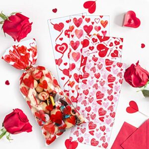 100 Pieces Valentines Party Treat Bags Mixed Heart Print Pattern Cellophane Plastic Goodie Candy Gift Favor Bags with 200 Pieces Gold and Red Twist Ties for Valentine's Day Party Decorations