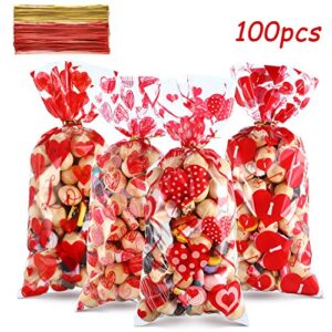 100 Pieces Valentines Party Treat Bags Mixed Heart Print Pattern Cellophane Plastic Goodie Candy Gift Favor Bags with 200 Pieces Gold and Red Twist Ties for Valentine's Day Party Decorations
