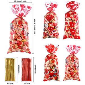 100 Pieces Valentines Party Treat Bags Mixed Heart Print Pattern Cellophane Plastic Goodie Candy Gift Favor Bags with 200 Pieces Gold and Red Twist Ties for Valentine's Day Party Decorations