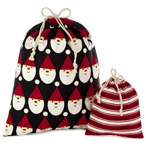 hallmark black and red christmas gift bag set (2 fabric bags with drawstrings; 1 medium 10″, 1 large 19″) santa and stripes