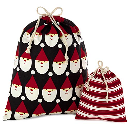 Hallmark Black and Red Christmas Gift Bag Set (2 Fabric Bags with Drawstrings; 1 Medium 10", 1 Large 19") Santa and Stripes