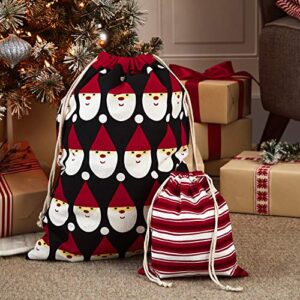 Hallmark Black and Red Christmas Gift Bag Set (2 Fabric Bags with Drawstrings; 1 Medium 10", 1 Large 19") Santa and Stripes