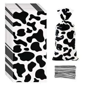 lecferrarc 100 pcs cow print treat bags cow cellophane candy bags plastic goodie storage bags farm animal party favor bags with twist ties for cow theme birthday party supplies