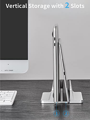 JARLINK (Upgraded Dock Version Vertical Laptop Stand, Double Desktop Stand Adjustable Laptop Holder (up to 17.3 inches) Compatible with All MacBook Pro/Air/Microsoft Surface (Silver)