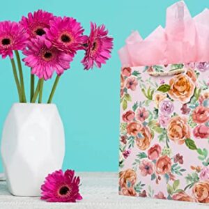 Elephant-package 12.6" Large Flower Gift Bag with Tissue Paper and greeting card, for Girls Women Birthday Gift Packing, Mothers Day, Valentine's Day, Bridal Shower, (Pink Rose)