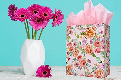 Elephant-package 12.6" Large Flower Gift Bag with Tissue Paper and greeting card, for Girls Women Birthday Gift Packing, Mothers Day, Valentine's Day, Bridal Shower, (Pink Rose)