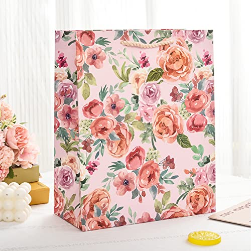 Elephant-package 12.6" Large Flower Gift Bag with Tissue Paper and greeting card, for Girls Women Birthday Gift Packing, Mothers Day, Valentine's Day, Bridal Shower, (Pink Rose)