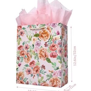 Elephant-package 12.6" Large Flower Gift Bag with Tissue Paper and greeting card, for Girls Women Birthday Gift Packing, Mothers Day, Valentine's Day, Bridal Shower, (Pink Rose)